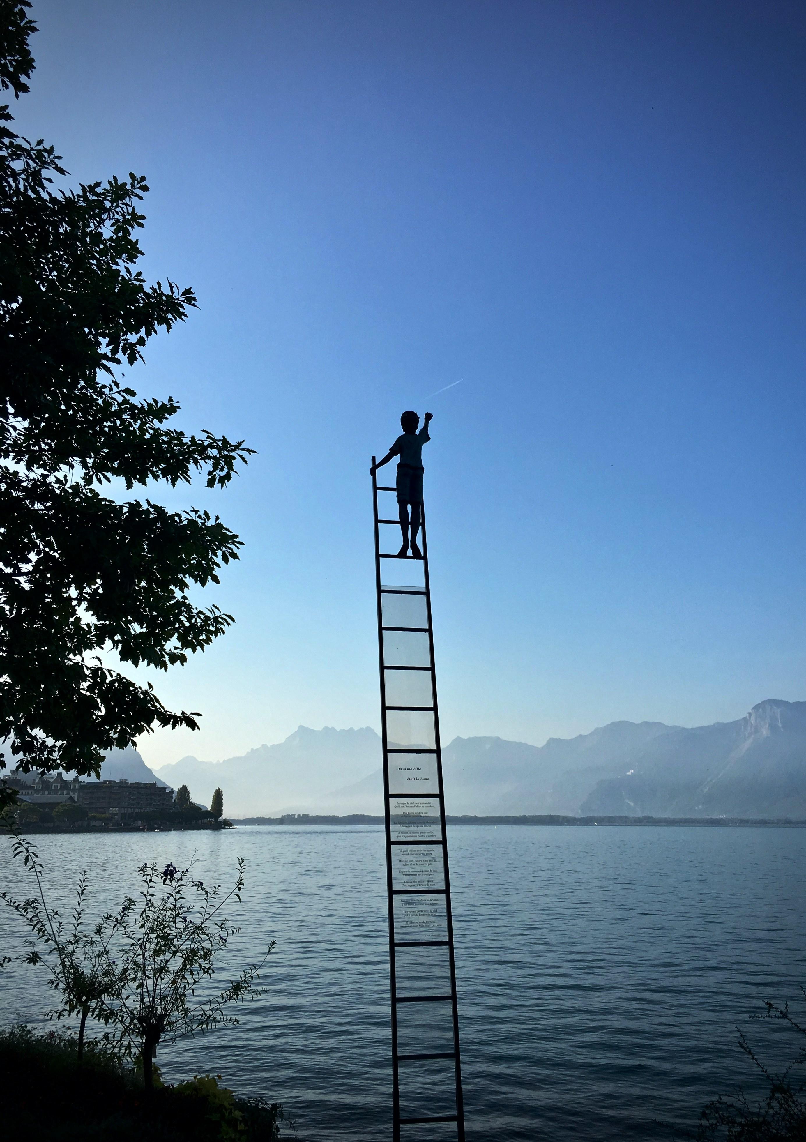 A person on a ladder looking toward the horizon